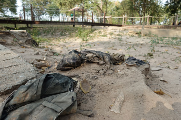 Choeung EK Völkermord Gedenkzentrum Killing Fields im Boden verwachsene Kleidung
